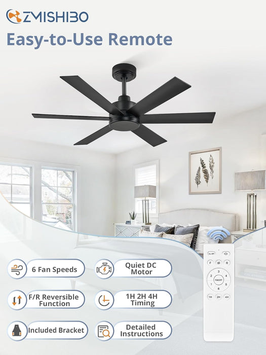 42 Inch Black Ceiling Fan without Light, Bedroom Ceiling Fan No Light, 6 Blades, Quiet Reversible DC Motor, 6-Speeds, Small Ceiling Fan for Bedroom, Living Room, Patio, Indoor/Outdoor Use