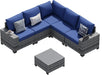 6 PCS Patio Furniture Set, Outdoor Sectional All-Weather Wicker Conversation Set with Swivel Rocker Chairs, 4'' Thick Cushions for Backyard Poolside(Navy/Grey)