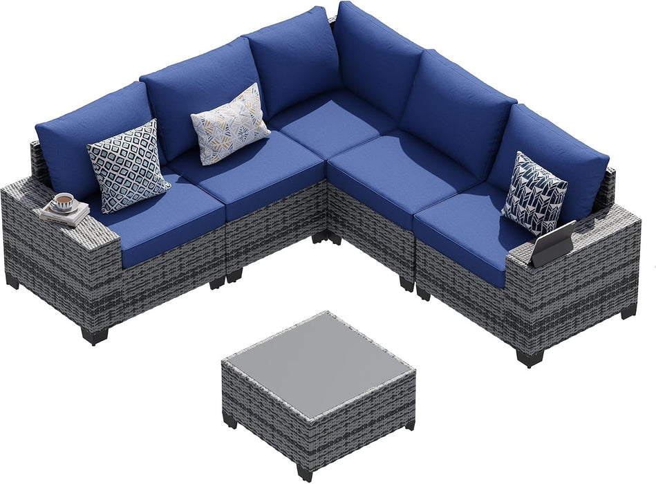 6 PCS Patio Furniture Set, Outdoor Sectional All-Weather Wicker Conversation Set with Swivel Rocker Chairs, 4'' Thick Cushions for Backyard Poolside(Navy/Grey)