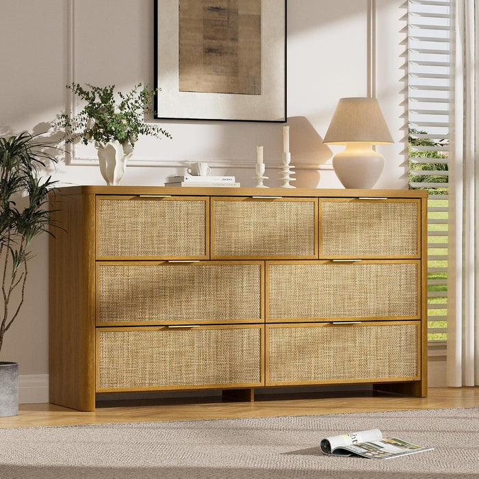 Rattan 7 Drawer Dresser for Bedroom,55" Wide,Natural Oak,Modern Chest of Drawers with 7 Large Storage Space and Curved Edge Design, 7 Drawer Large Dresser for Bedroom