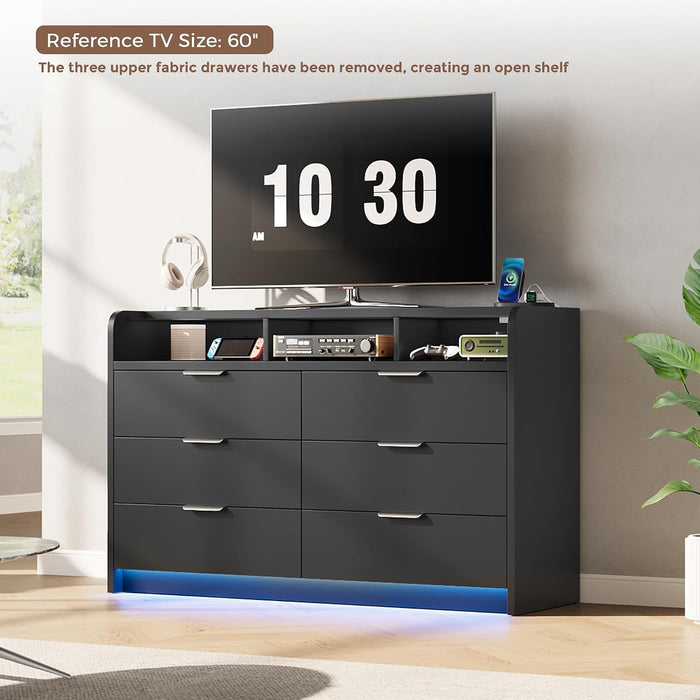 53'' Wide 9 Drawer Dresser for Bedroom, Wood TV Stand Dresser with Power Outlets & LED Light, Chest of Drawers Closet Store Organizer for Living Room, Hallway, Black