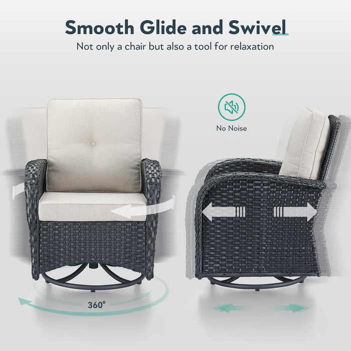 Outdoor Swivel Glider Rocker Chairs Set of 4 - Wicker Patio Furniture Set All Weather Patio Conversatio Sets with 2 Tempered Glass Side Table for Deck Backyard - Black Wicker Beige Cushion