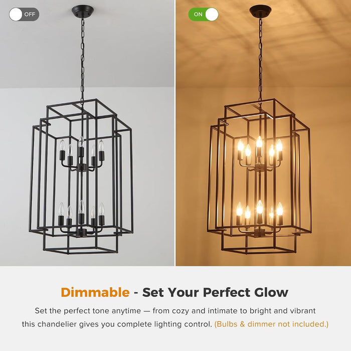 Large Lantern Chandelier for Entryway Foyer, 2-Tier Matte Black Cage Chandelier, 10-Light Hanging Light Fixture for High Ceiling Staircase Living Room