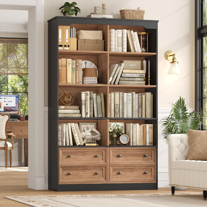 71" Tall Bookshelf with 4 Drawers Large Bookshelf Office Bookcase | 6-Tier Double Wide Bookshelves and Bookcases with Storage, Tall Bookshelf Standing Book Cabinet for Home Office, Brown/Black