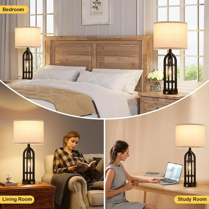 Table Lamps for Living Room - Black Bedside Lamp for Bedroom with USB C+A & Outlet, Farmhouse Lamps for Night Stands, 3-Way Dimmable Touch Lamps for Living Room with Oat Shade(Single)