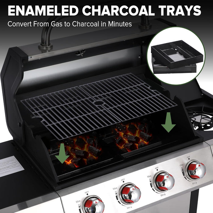 Gas and Charcoal Grill Combo with Side Burner, 4-Burner Propane Grill and Griddle Combo with Porcelain-Enameled Cast Iron Grates & Double-Wall Insulated Lid, 49,000 BTU Outdoor BBQ Grill