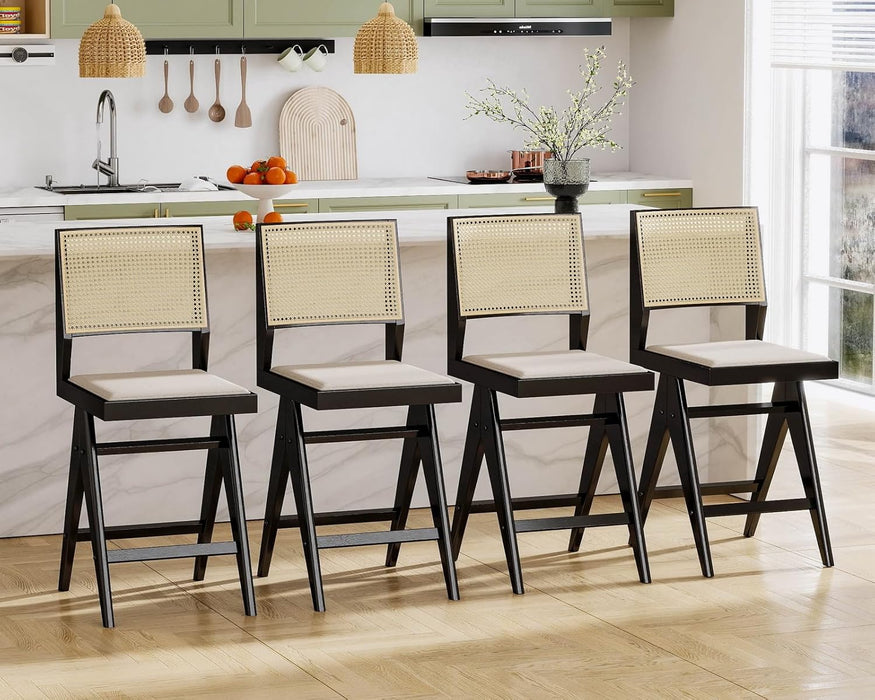 26" Rattan Bar Stools with Back Set of 4, Black Wood Counter Height Bar Stools, Upholstered Boho Cane Barstools, Fabric Bar Chairs for Kitchen Island/Designed Wooden Legs/Linen Beige