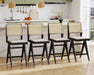 26" Rattan Bar Stools with Back Set of 4, Black Wood Counter Height Bar Stools, Upholstered Boho Cane Barstools, Fabric Bar Chairs for Kitchen Island/Designed Wooden Legs/Linen Beige