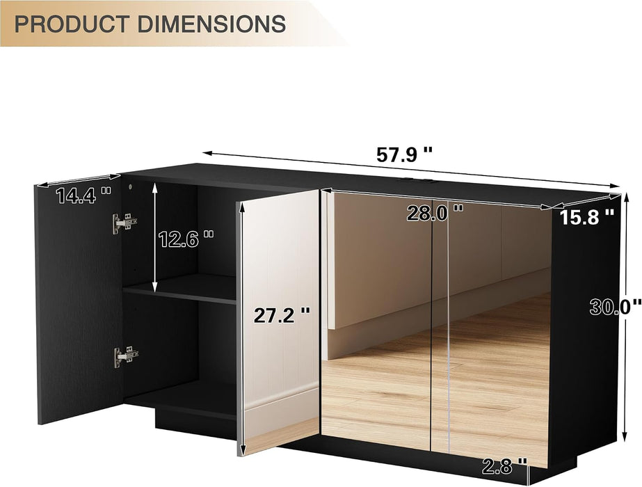 Buffet Cabinet Mirror with Storage Black Sideboard with Storage Coffee Bar with Lights & Charging Station Kitchen LED 57.87'' Buffet Cabinet with Mirror Doors for Bedroom, Living Room