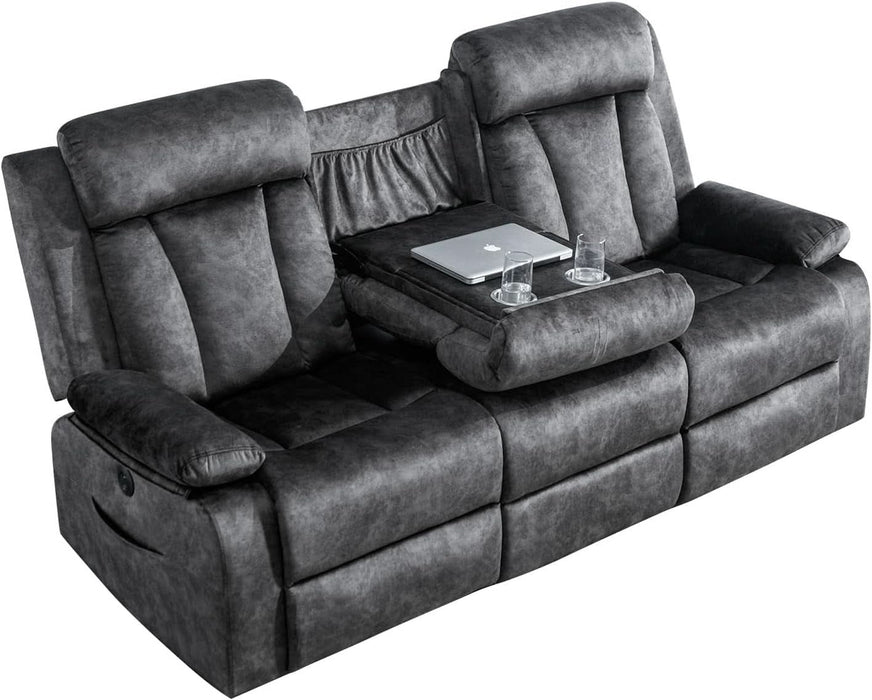 Power Reclining Sofa, 3-Seater Reclining Couch with Massage & Heat, Drop-Down Table, USB & Type-C Charging Ports, Cup Holders, Dutch Velvet, RV & Living Room Reclining Seating