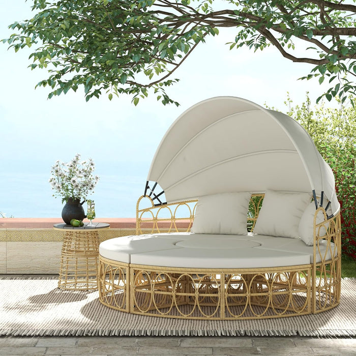 Patio Furniture Set, round Outdoor Daybed with Washable Couch Cushions, Hollow Wicker PE Rattan Sectional Sofa with Retractable Canopy for Pool, Lawn, Cream White