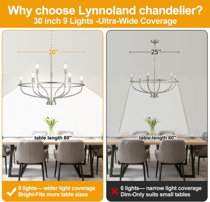 30" Brushed Nickel Chandelier, 9-Light Modern Chandelier for Dining Room Lighting Fixtures Hanging, Pendant Lights for Kitchen Island, Living Room, Bedroom Height Adjustable (Bulbs Not Included)