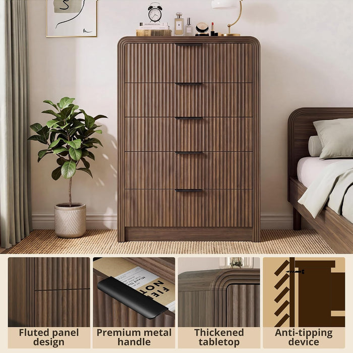 Fluted Wood Dresser 5 Drawers 48" Tall Curved Modern Chest Organizer