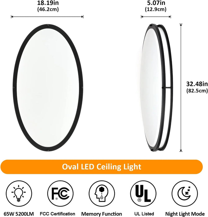 32" Oval Flush Mount Ceiling Light with Remote Dimmable LED Pendant Light Black Brush Nickel Finish Close to Ceiling Light Fixture for Living Room Bedroom Kitchen Dining, 65W