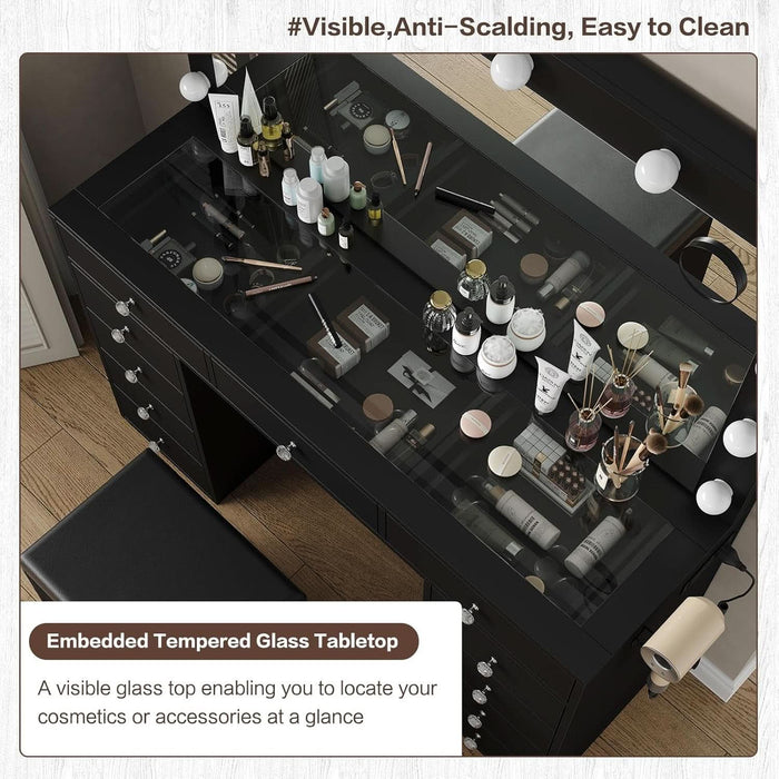 Vanity Desk & Power Outl, Makeup Table with Mirror and 12 LED Lights, Makeup Table with 11 Drawers, 3 Lighting Modes Brightness Adjustable(Black)
