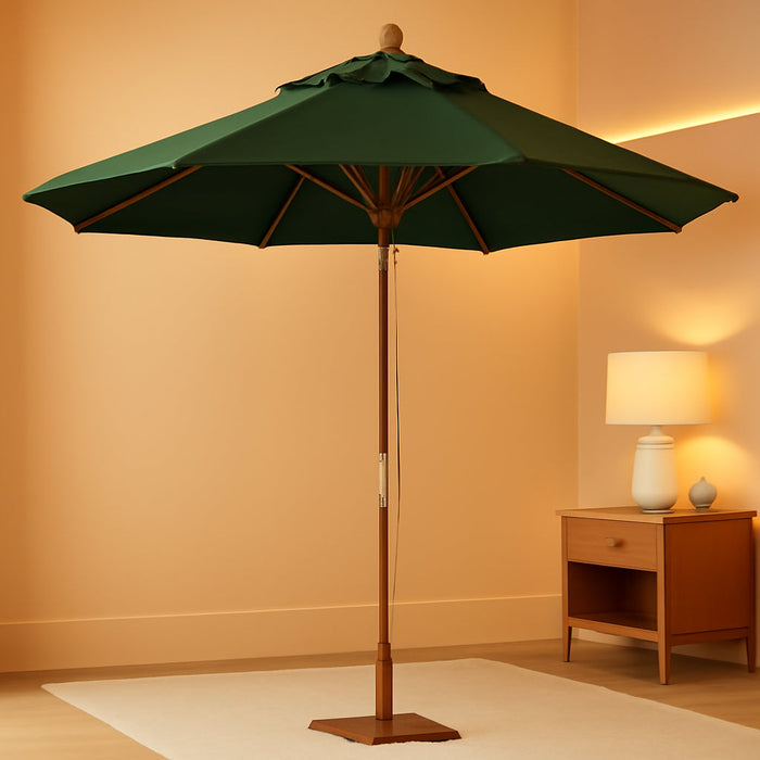 9' round Hardwood Frame Market Umbrella, Stainless Steel Hardware, Push Open