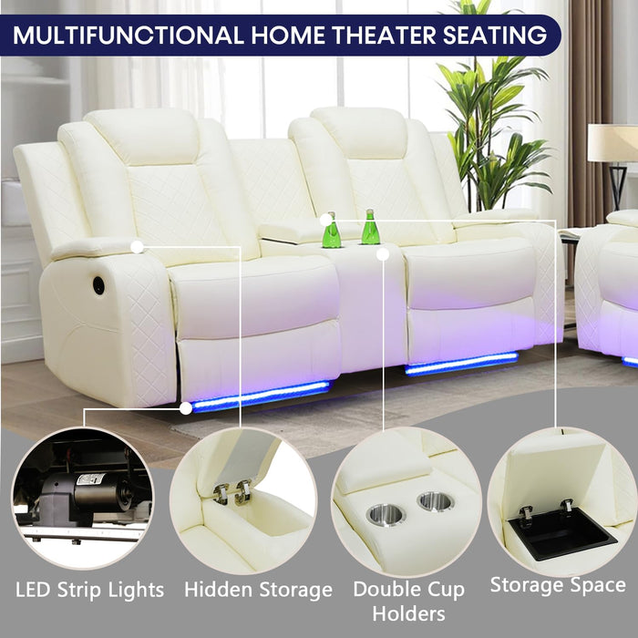 Power Recliner Sofa Set with LED Lights,Leather Reclining Sofa with USB Port/Wireless Charger/Storage Console/Cup Holder,Living Room Furniture Set for House/Home Theater(3 Piece Set,Creamy)