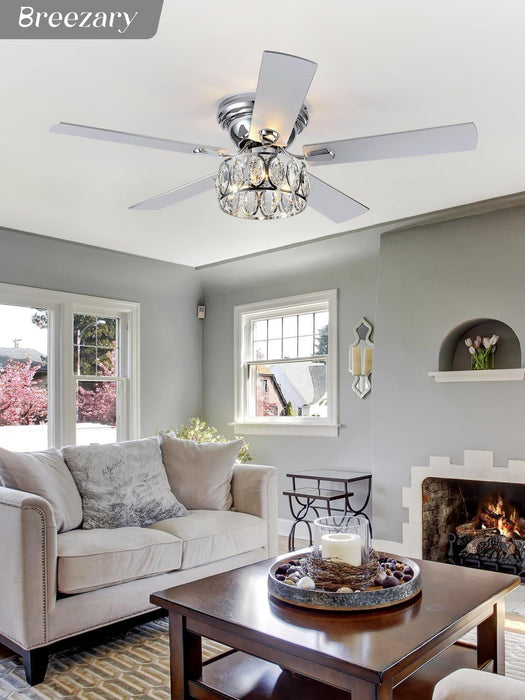 52 Inch Flush Mount Ceiling Fans with Lights Remote Control, 5 Reversible Blades Indoor Low Profile Crystal Lighting Chandelier Ceiling Fans for Bedroom Living Room (Chrome)