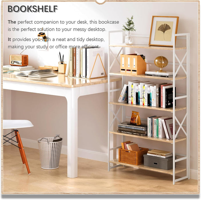 Extra Wide 5 Tiers No Assembly Book Shelves, 51.2" H Folding Bookshelf Bookcase Open Industrial Foldable Shelves for Bedroom, Living Room, Home Office - Natural White