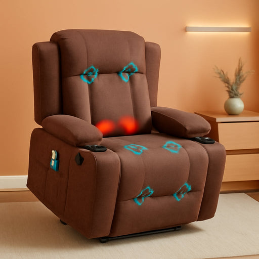 Modern Linen Electric Power Lift Chair, Recliner Massage Chair, Adjustable Furniture for Back, Legs W/ 3 Positions, USB Port, Heat, Cupholders, Easy-To-Reach Button - Brown
