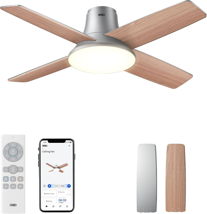 Ceiling Fans with Lights, 12 Speeds & 3 Fan Modes, Quiet DC Motor, Low Profile Easy to Install, Flush Mount Smart Ceiling Fan with Dimmable LED, 12H Timer for Bedroom, Remote, Silver, 44''