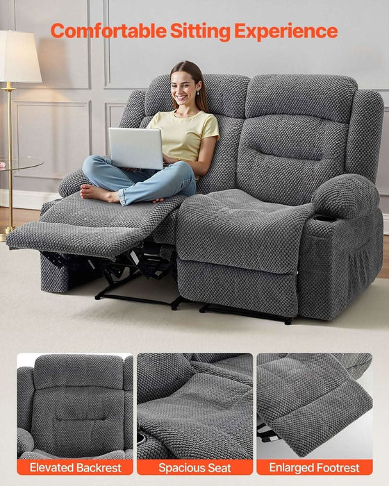 Loveseat Recliner Sofa, Manual Reclining Couch with Heating and Massage, Soft Corduroy Recliner Sofa with USB Ports, Cup Holders and Side Storage Bags, Dual Loveseat Chair for Living Room, Grey