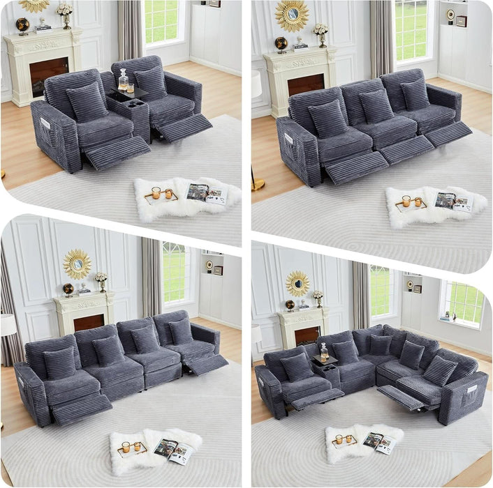 Oversized Modular Sectional Sofa with 2 Power Reclining, Electric Recliner Couch with Storage Console and Adjustable Headrest, Plush Corduroy Fluffy 5 Seat Corner Sofa for Living Room-Blue Grey