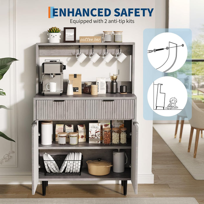 Fluted Sideboard Buffet Cabinet with Storage, Modern Coffee Bar Cabinet with Adjustable Shelves & 2 Drawers, Wood Buffet Console Table for Dining Room Living Room Kitchen Entryway, Grey