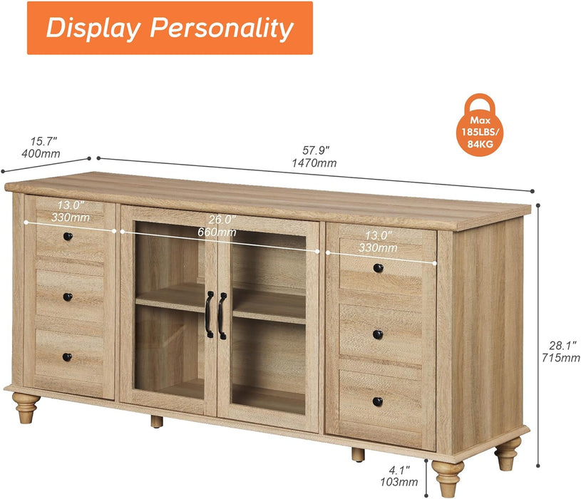 Farmhouse Buffet Cabinet with Glass Door, Wooden Sideboard, Oak, 58” | Wood Kitchen Storage Cabinet with Adjustable Shelf, Coffee Bar Table with Solid Wood Leg, Accent Cabinet for Dining Room