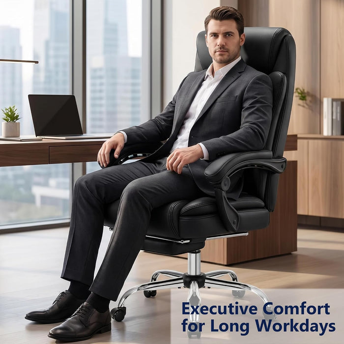 Ergonomic Office Chair Executive PU Leather High Back, 400Lbs Heavy Duty Reclining Desk Chair with Footrest, Adjustable Lumbar Support, Padded Armrests, Wide Seat, Black