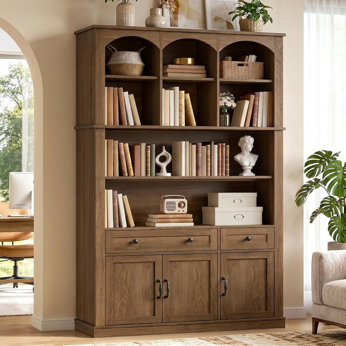73.2" Tall Farmhouse Arched Bookshelf with Drawer and Door, 6 Tier