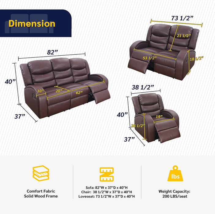 Grayson 3 Piece Living Room Recliner Set Include Love Seat, Sofa and Chair, Brown
