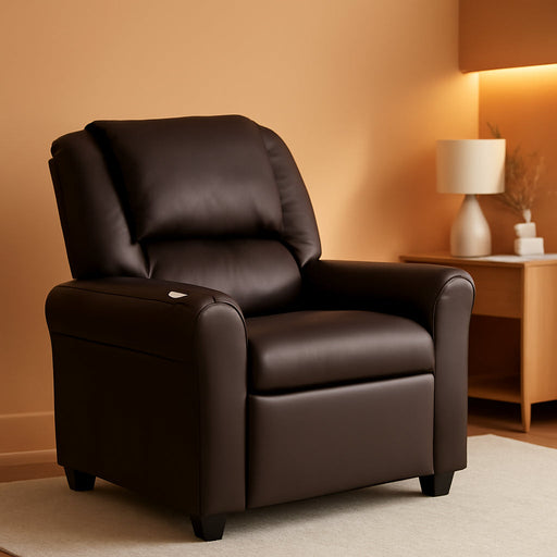 Vana Leathersoft Kids Recliner with Cup Holder, Headrest, and Safety Recline, Contemporary Reclining Chair for Kids, Supports up to 90 Lbs., Brown