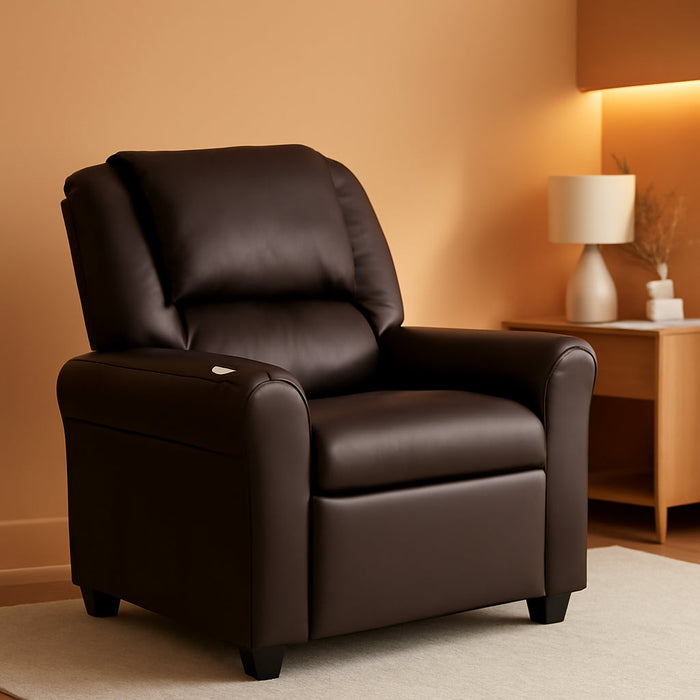Vana Leathersoft Kids Recliner with Cup Holder, Headrest, and Safety Recline, Contemporary Reclining Chair for Kids, Supports up to 90 Lbs., Brown