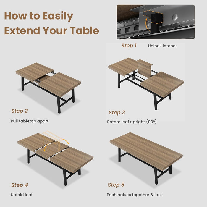 63-83" Extendable Dining Table, Industrial Rectangular Dining Room Table for 6-8 People, Expandable Kitchen Table with Heavy Duty Metal Frame for Dining Room, Kitchen & Parties, Rustic Pear