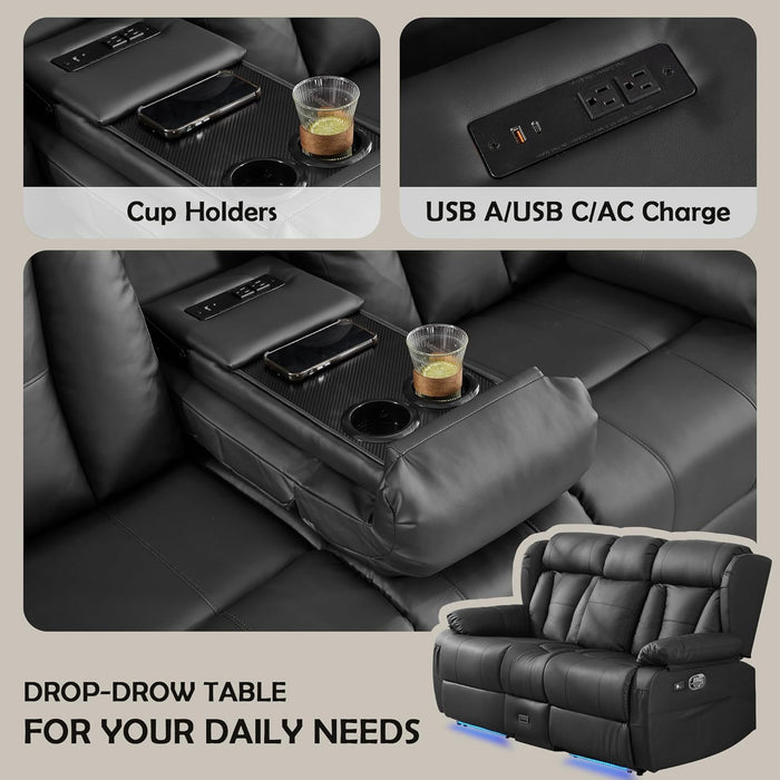 72.8" Loveseat Recliner Sofa, Manual Reclining Couch with Console, AC Outlet & USB-A/USB-C Ports, Wall Hugger RV Sofa for Living Room & Home Theater with Cup Holders (Black Console with LED)
