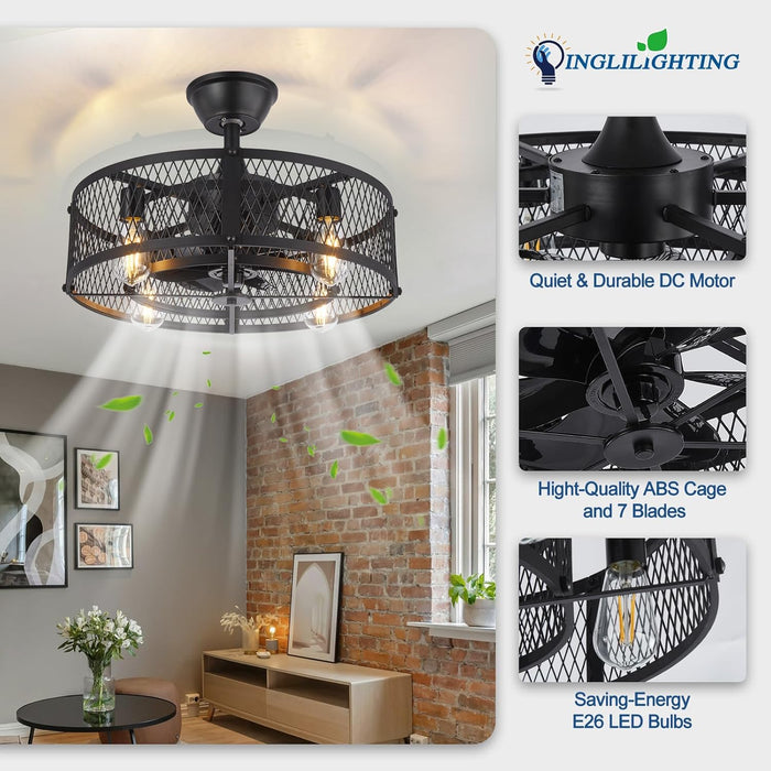 DLLT Caged Ceiling Fan with Light: 20" Farmhouse Fandelier with Lights and Remote & APP - Black Rustic Semi Flush Mount Bladeless Ceiling Fans Enclosed Fan for Bedroon Kitchen Living Dining Room