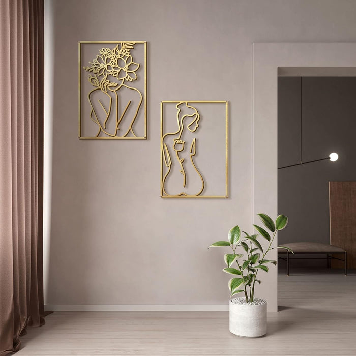 4 Pack Gold Wall Art Decor, Minimalist Single Line Real Metal Wall Art, Woman'S Body Shape Abstract Wall Art (Gold Classic Style, 17 X 11.8'')