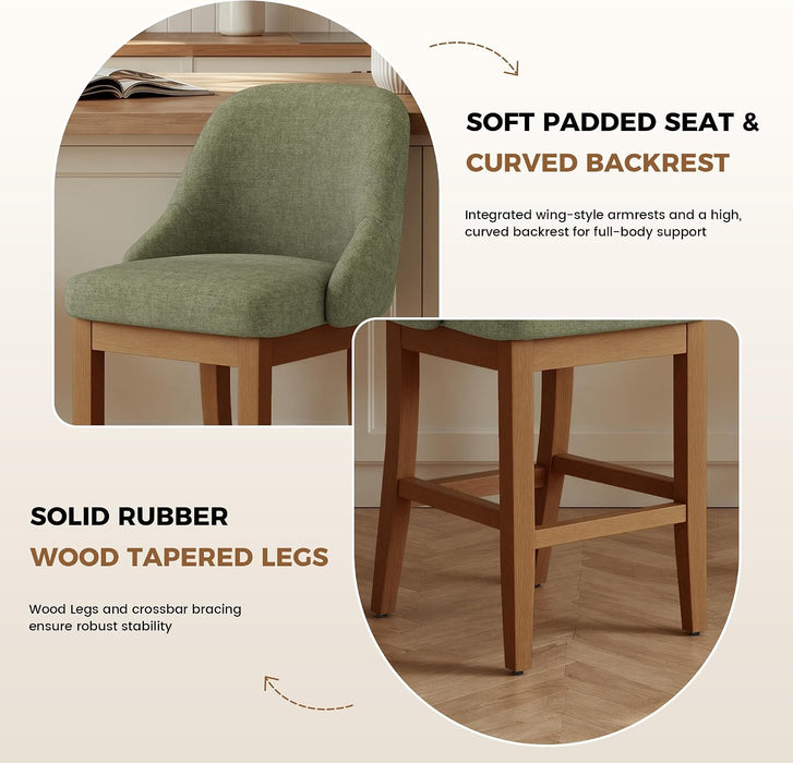 Bar Stool Set of 2, 26" Upholstered Counter Height Stools | Comfortable Chenille Fabric Barstool, Solid Wood Legs and Footrest, Bar Chair with Back for Kitchen Island, Green