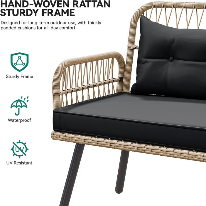 Patio Wicker L-Shaped Furniture Set, All-Weather Rattan Outdoor Conversation Sofa Set for Backyard Deck with Soft Cushions,Ottomans and Plastic Wood Dining Table (Light Brown+Black)