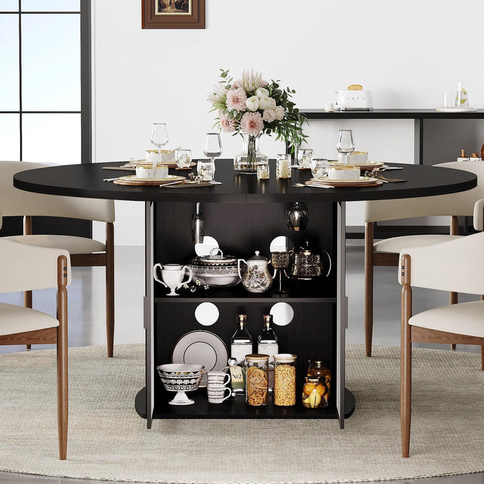 Black round Dining Table for 4, 47 Inch Dining Room Table with Storage | Modern Kitchen Tables with Fridge Space, Industrial Wood Dinner Tables for Home Kitchen Living Room, Black Oak, Only Table