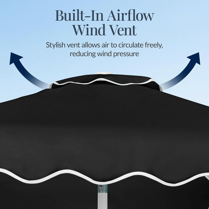 7.5Ft Patio Market Umbrella with Wavy Trim, Uv-Fade-Resistant 210G Canopy, Crank & Tilt, Wind Vent, Heavy-Duty Frame - Black