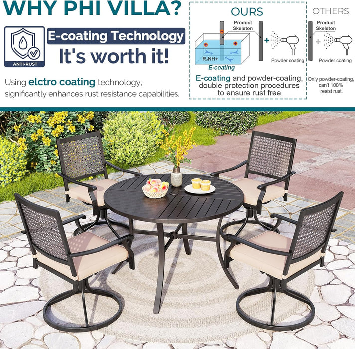 Outdoor Modern round Dining Table Set for 4 Dining Swivel Chairs Patio Furniture Set of 5, Metal Patio Circle Table with Umbrella Hole & Wrought Iron Dining Chairs with Cushion Backyard