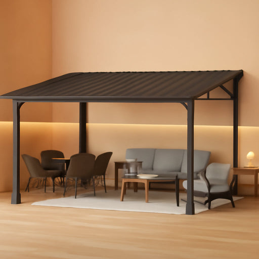 10' X 14' Lean to Gazebo, Upgraded Hardtop Outdoor Pergola with Sloping Galvanized Steel Roof, Large Wall-Mounted Heavy Duty Awnings for Patio, Backyard, Deck, Porch (Black)
