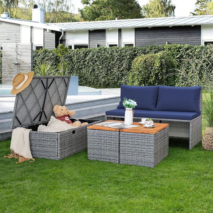 Patio Day Bed Outdoor Daybed Set Multifunctional Rattan Lounge Bed with 2 Side Tables for Backyard Porch Poolside Lawn Beach (Navy Blue)