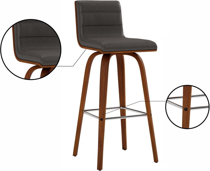 Vienna Mid-Century Modern 30" Bar Height Barstool Faux Leather Wood Finish, Grey/Walnut