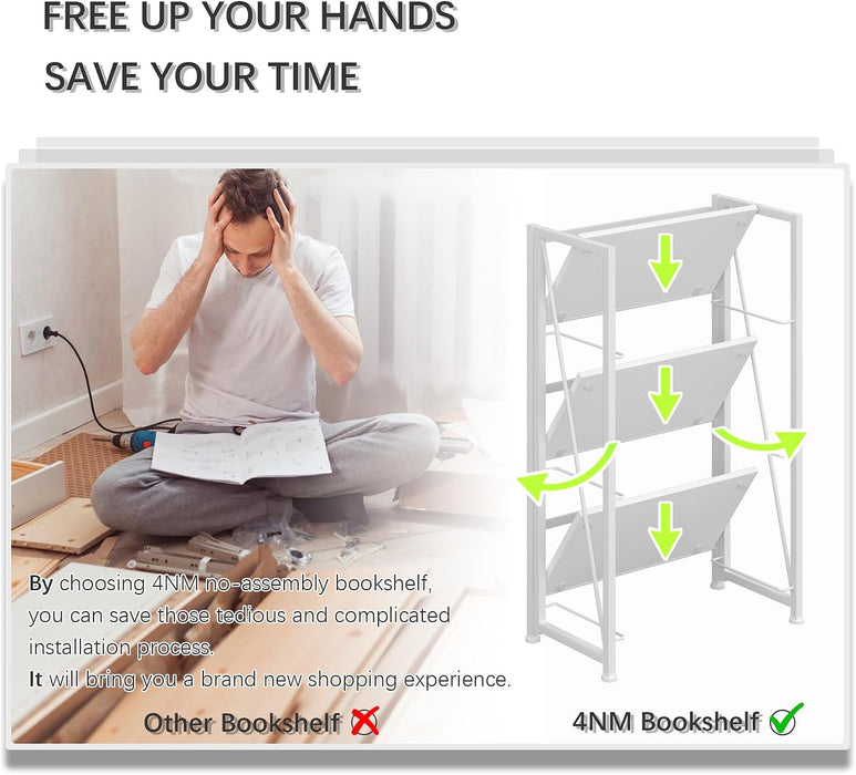 No Assembly Folding Bookshelf Storage Shelves 3 Tier Vintage Bookcase Standing Racks for Bedroom Living Room Home Office