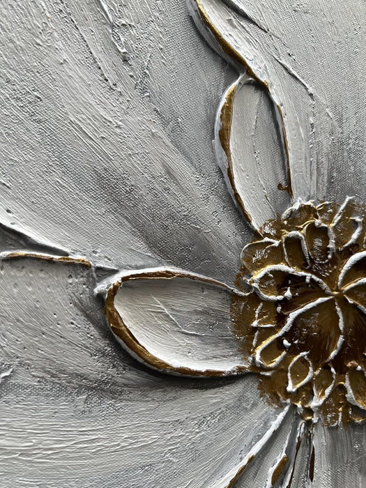 Art 24X24 Inches Hand-Painted Golden Texture White Flower Oil Painting. Modern Abstract Art. Suitable for Decoration on Walls of Living Room, Bedroom or Office