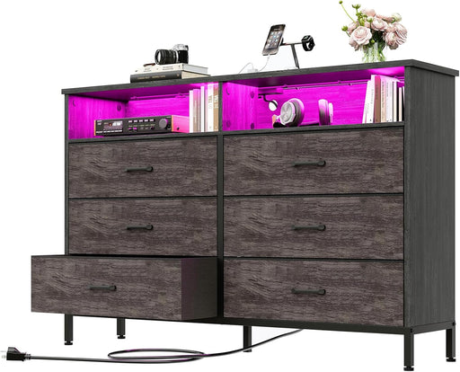 Dresser for Bedroom, 6 Drawer Dresser, Fabric Vertical Storage Tower with Fabric Bins with Open Shelves LED Light and Charging Station, Chest of Drawers for Closet Chests Organizer, Living Room, Grey