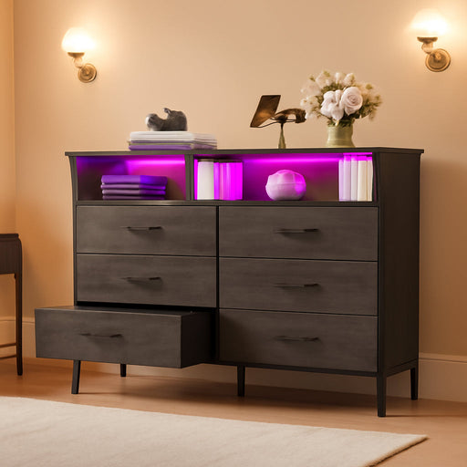 Dresser for Bedroom, 6 Drawer Dresser, Fabric Vertical Storage Tower with Fabric Bins with Open Shelves LED Light and Charging Station, Chest of Drawers for Closet Chests Organizer, Living Room, Grey
